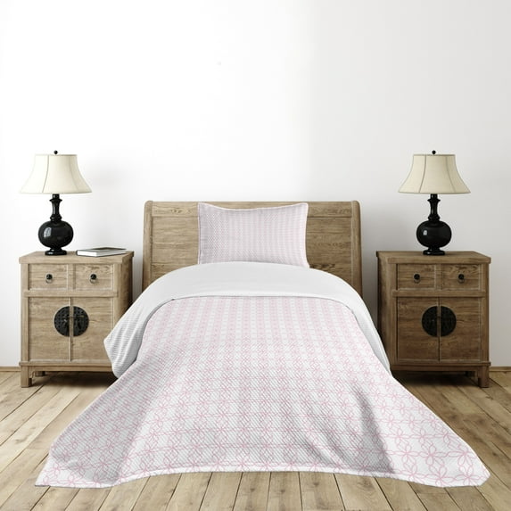 Ambesonne Floral Quilted Bedspread Set 2 Pcs, Contiguous Flowers Lines, Twin Size, Pale Pink and White