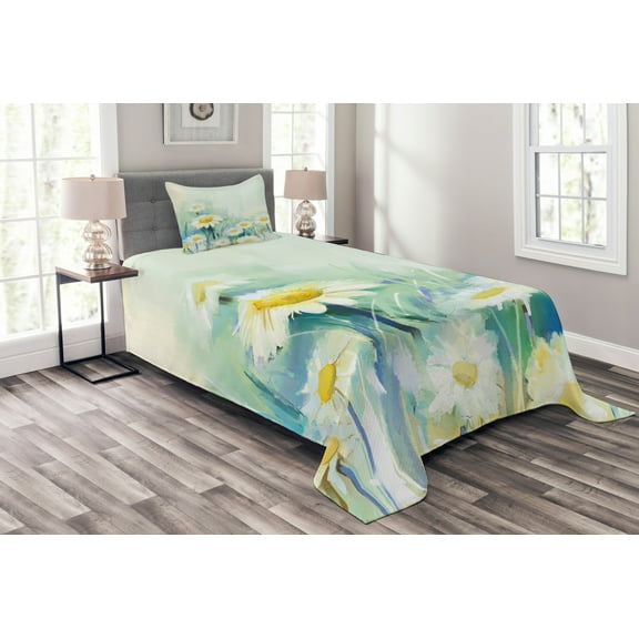 Ambesonne Floral Quilted Bedspread Set 2 Pcs, Daisy Flower Field Art, Twin Size, Pale Blue White