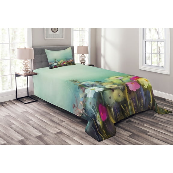 Ambesonne Floral Quilted Bedspread Set 2 Pcs, Dandelion Daisy Poppy, Twin Size, Multicolor