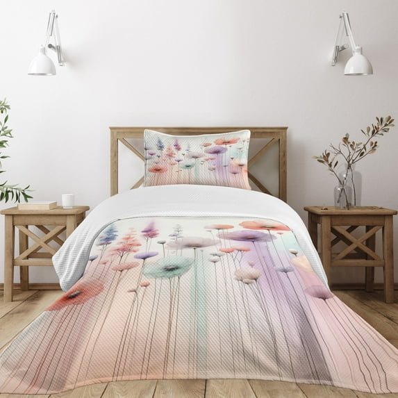 Ambesonne Floral Quilted Bedspread Set 2 Pcs, Dreamy Fantasy Woods Gentle, Twin Size, Coral Lilac Mint Green