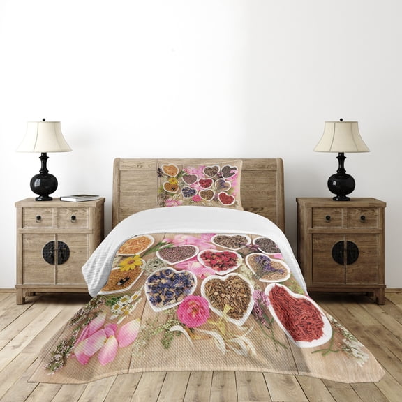 Ambesonne Floral Quilted Bedspread Set 2 Pcs, Dried Petals Leaves in Bowls, Twin Size, Multicolor