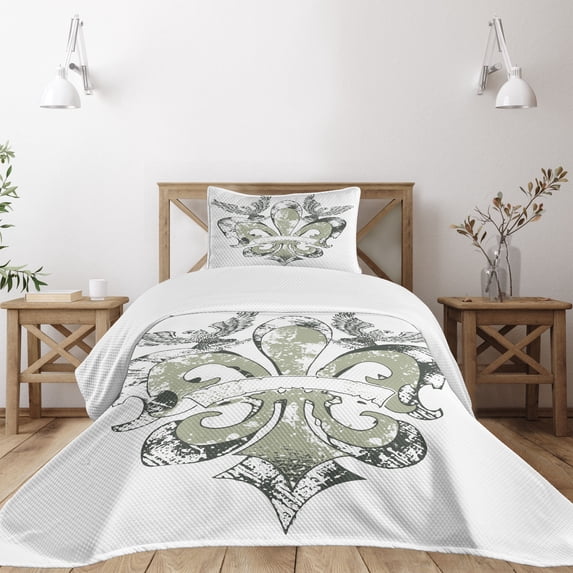 Ambesonne Floral Quilted Bedspread Set 2 Pcs, Eagle Emblem Victorian, Twin Size, Tan White