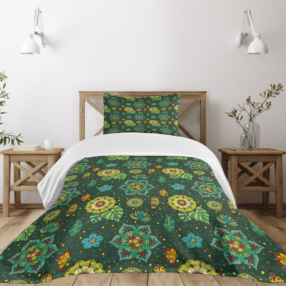Ambesonne Floral Quilted Bedspread Set 2 Pcs, Fantasy Colorful Flowers, Twin Size, Multicolor