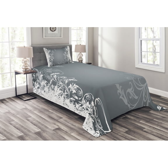 Ambesonne Floral Quilted Bedspread Set 2 Pcs, Floral Design Nature, Twin Size, Grey White