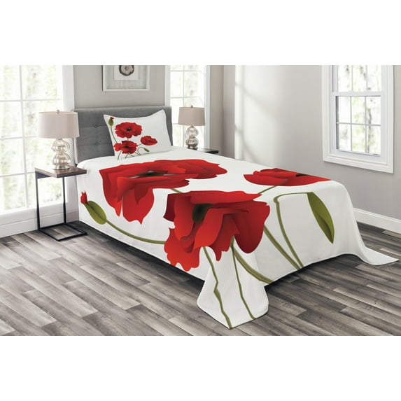 Ambesonne Floral Quilted Bedspread Set 2 Pcs, Flowers Petals and Buds, Twin Size, Red Green