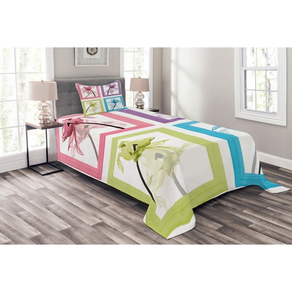Ambesonne Floral Quilted Bedspread Set 2 Pcs, Flowers in Frames, Twin Size, Multicolor