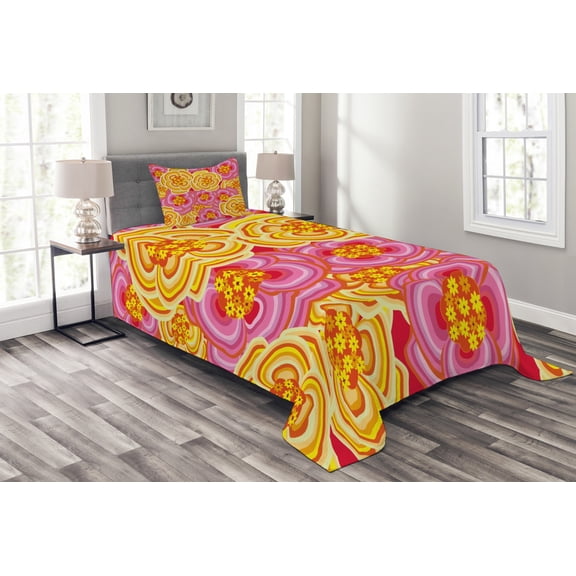 Ambesonne Floral Quilted Bedspread Set 2 Pcs, Funky Vibrant Flowers, Twin Size, Yellow Pink Orange