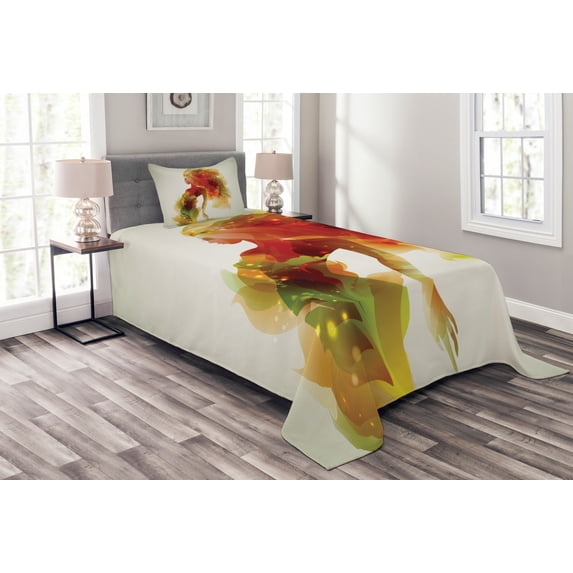 Ambesonne Floral Quilted Bedspread Set 2 Pcs, Girl Abstract Lady, Twin Size, Eggshell Orange