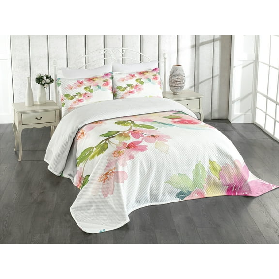 Ambesonne Floral Quilted Bedspread Set 2 Pcs, Innocent Delicate Nature, Twin Size, Multicolor