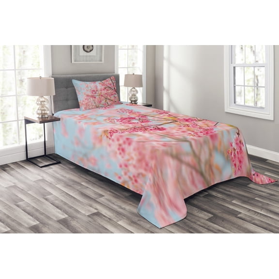 Ambesonne Floral Quilted Bedspread Set 2 Pcs, Japanese Sakura Cherry, Twin Size, Pale Blue Pale Pink