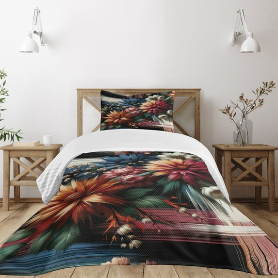 Ambesonne Floral Quilted Bedspread Set 2 Pcs, Jumble Wildflowers Grunge, Twin Size, Dark Salmon Laurel Green