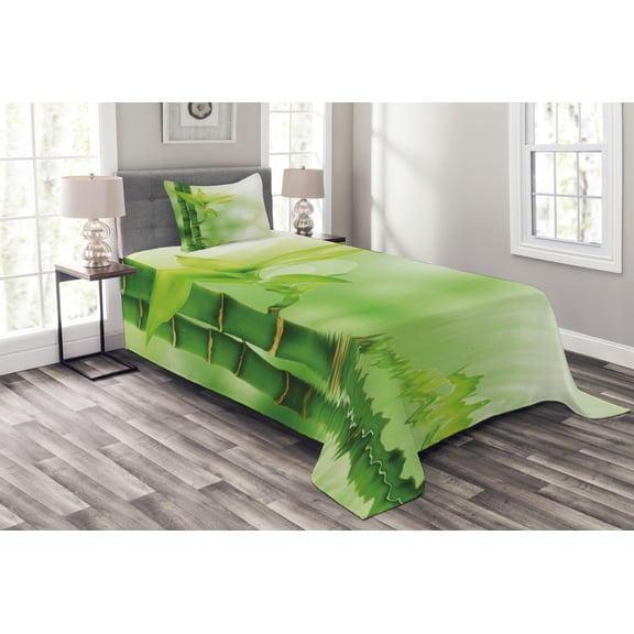 Ambesonne Floral Quilted Bedspread Set 2 Pcs, Modern Asian Boho Bloom Art, Twin Size, Emerald Green