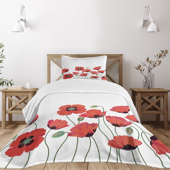 Ambesonne Floral Quilted Bedspread Set 2 Pcs, Natural Poppy Garden, Twin Size, Orange Green