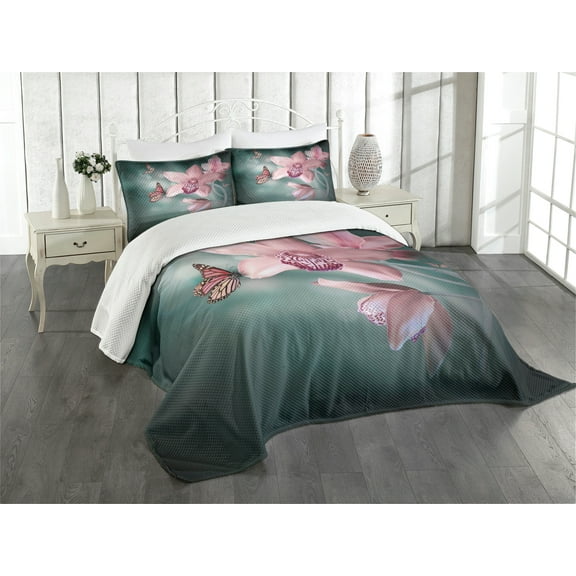 Ambesonne Floral Quilted Bedspread Set 2 Pcs, Orchid Flower Butterfly, Twin Size, Jade Green Pale Pink