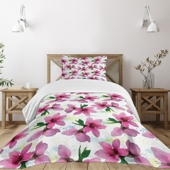 Ambesonne Floral Quilted Bedspread Set 2 Pcs, Petals Botany Essence, Twin Size, Fuchsia Yellow