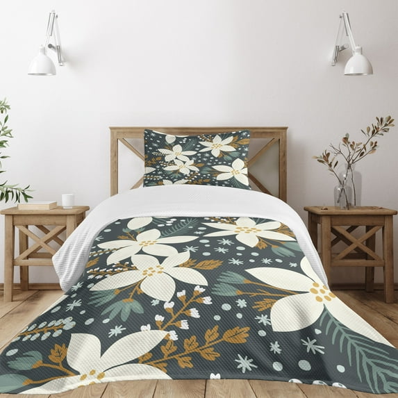 Ambesonne Floral Quilted Bedspread Set 2 Pcs, Poinsettia Blossoms Art, Twin Size, White and Caramel