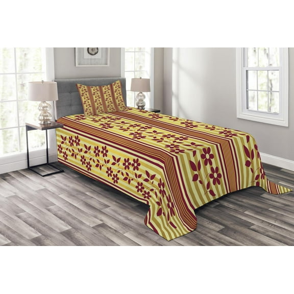 Ambesonne Floral Quilted Bedspread Set 2 Pcs, Red Flowers on Stripes, Twin Size, Burgundy Yellow
