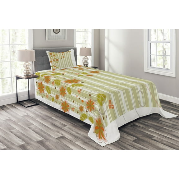Ambesonne Floral Quilted Bedspread Set 2 Pcs, Retro Swirled Flowers, Twin Size, Green Orange White