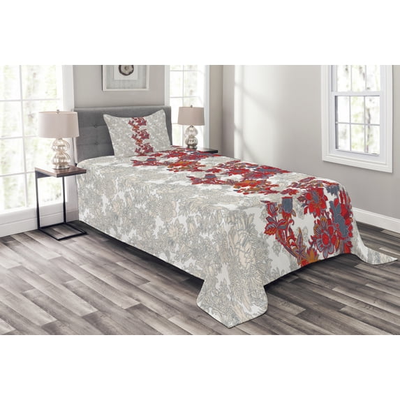Ambesonne Floral Quilted Bedspread Set 2 Pcs, Romantic Vİbrant Boho, Twin Size, Red Black Grey