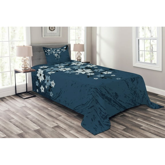Ambesonne Floral Quilted Bedspread Set 2 Pcs, Spring Blooms Flourish, Twin Size, Night Blue Dust