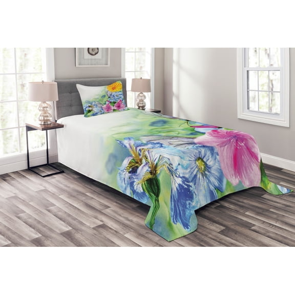 Ambesonne Floral Quilted Bedspread Set 2 Pcs, Spring Blossom, Twin Size, Multicolor