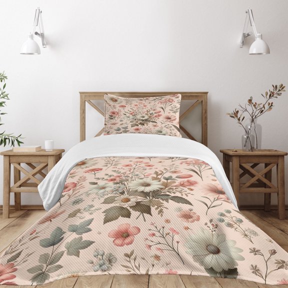 Ambesonne Floral Quilted Bedspread Set 2 Pcs, Spring Farmhouse Feel Floral, Twin Size, Blush Olive Green