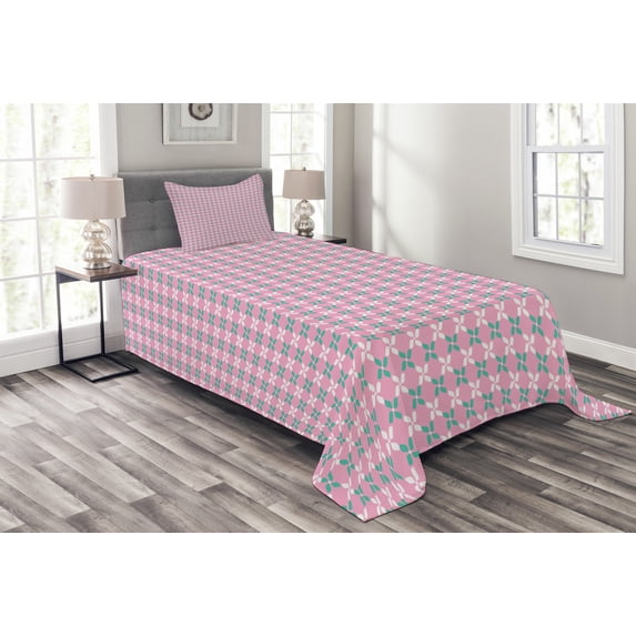 Ambesonne Floral Quilted Bedspread Set 2 Pcs, Spring Flowers Chain, Twin Size, Pale Pink White Teal