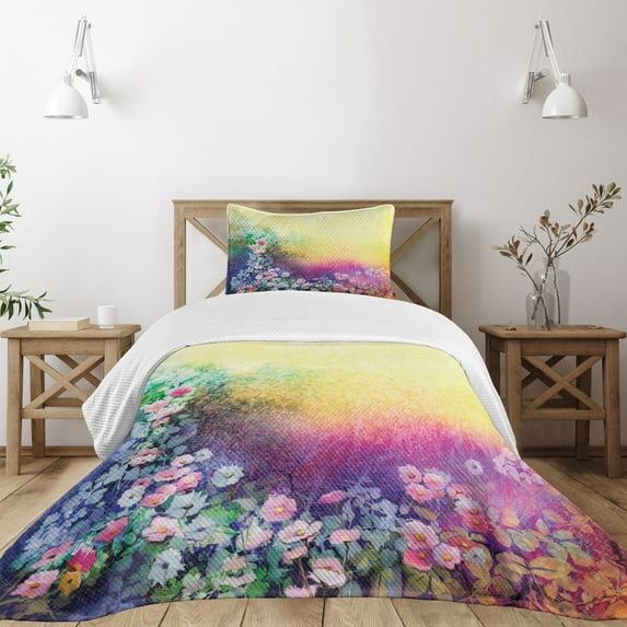 Ambesonne Floral Quilted Bedspread Set 2 Pcs, Spring Flowers Ivy Art, Twin Size, Purple Yellow Multicolor