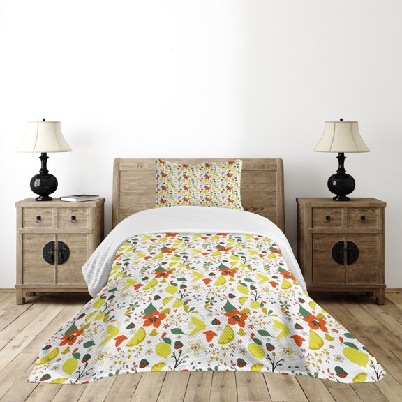 Ambesonne Floral Quilted Bedspread Set 2 Pcs, Spring Lemons Leaves, Twin Size, Red Yellow Forest Green