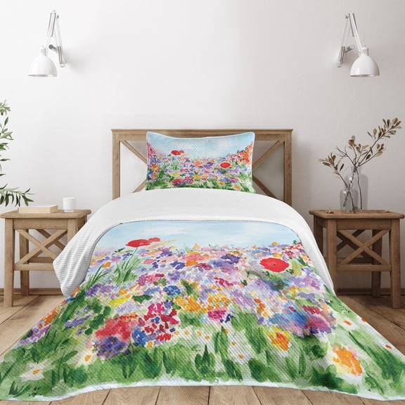 Ambesonne Floral Quilted Bedspread Set 2 Pcs, Summer Blooms, Twin Size, Red Green Purple