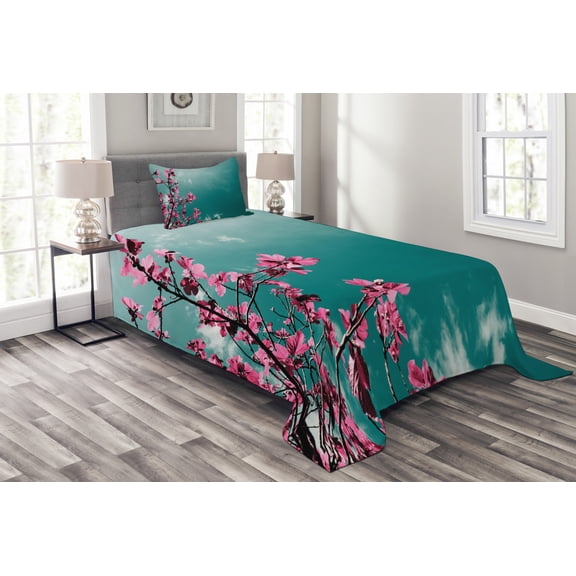 Ambesonne Floral Quilted Bedspread Set 2 Pcs, Sunny Sky Exotic Summer, Twin Size, Teal Hot Pink