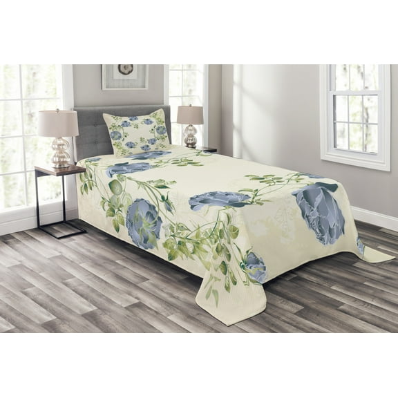 Ambesonne Floral Quilted Bedspread Set 2 Pcs, Vintage Roses Framework, Twin Size, Blue Green Cream