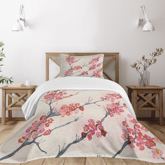 Ambesonne Floral Quilted Bedspread Set 2 Pcs, Vintage Sakura Flowers, Twin Size, Pink Beige Grey