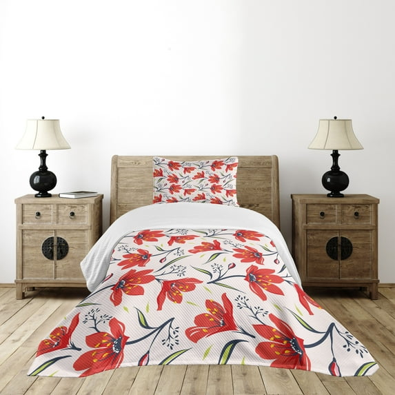 Ambesonne Floral Quilted Bedspread Set 2 Pcs, Vintage Tulip Flowers, Twin Size, Peach Green and Red