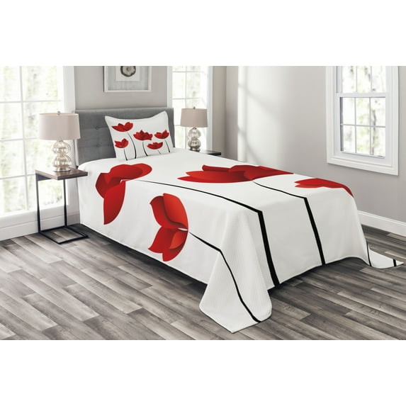 Ambesonne Floral Quilted Bedspread Set 2 Pcs, Vivid Rose Flower Petal, Twin Size, Vermilion and White