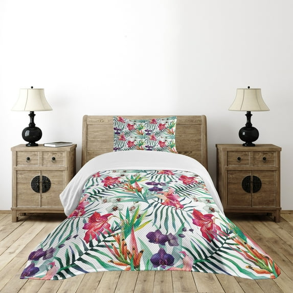 Ambesonne Floral Quilted Bedspread Set 2 Pcs, Watercolor Art Tropical, Twin Size, Multicolor