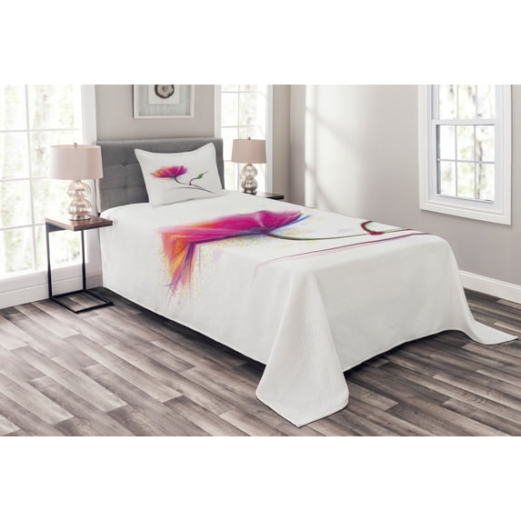 Ambesonne Floral Quilted Bedspread Set 2 Pcs, Watercolor Poppy Flower, Twin Size, Fuchsia