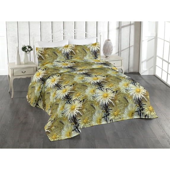 Ambesonne Floral Quilted Bedspread Set 3 Pcs, Abstract Art Style Asters, Twin, Mustard Khaki Black