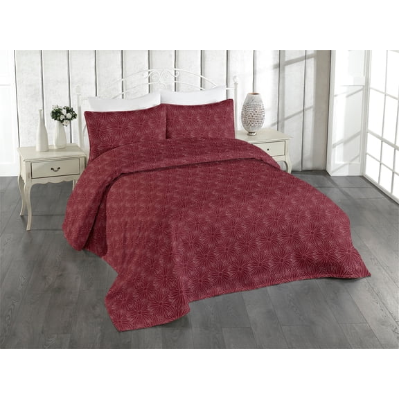 Ambesonne Floral Quilted Bedspread Set 3 Pcs, Abstract Flower Art Outline, Queen, Maroon and Soft Pink