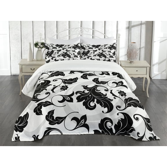 Ambesonne Floral Quilted Bedspread Set 3 Pcs, Abstract Leaf Ivy Swirl, King Size, Pale Grey White