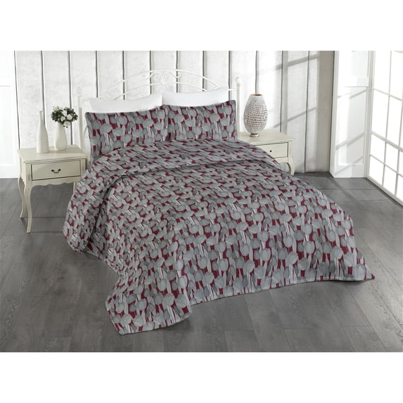 Ambesonne Floral Quilted Bedspread Set 3 Pcs, Achromatic Tulips Romantic, King, Burgundy and Grey