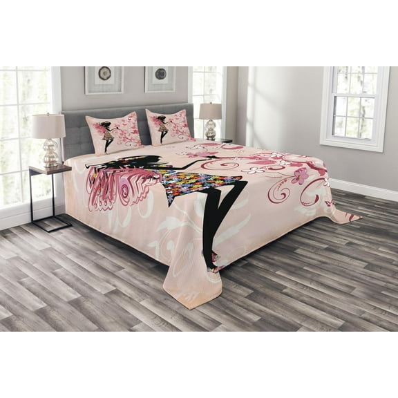 Ambesonne Floral Quilted Bedspread Set 3 Pcs, Angel Girl Silhouette, Queen Size, Multicolor