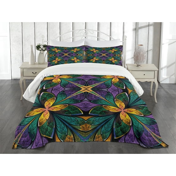 Ambesonne Floral Quilted Bedspread Set 3 Pcs, Antique Window Style, King Size, Green Purple