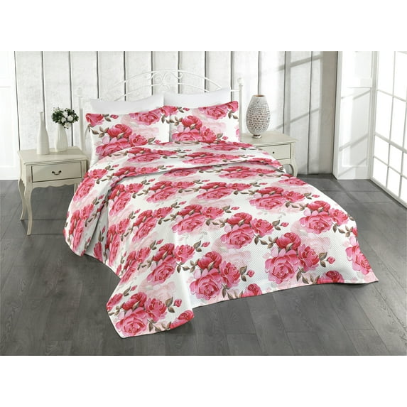 Ambesonne Floral Quilted Bedspread Set 3 Pcs, Art Romantic Peony Petals, Twin, Brown Pink and Magenta
