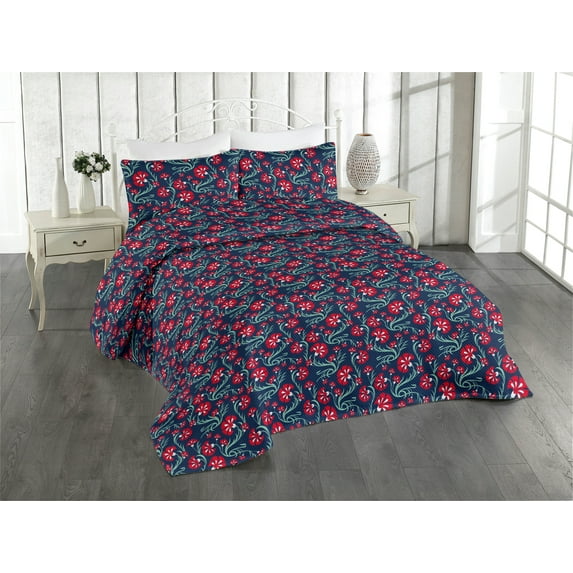 Ambesonne Floral Quilted Bedspread Set 3 Pcs, Asian Floral Pattern Night, Queen, Scarlet White Indigo