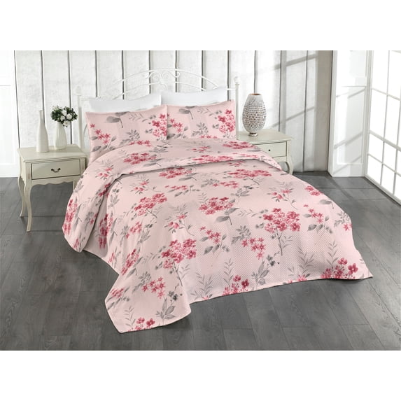 Ambesonne Floral Quilted Bedspread Set 3 Pcs, Asian Winter Flower Pattern, Queen, Burgundy and Pastel Pink