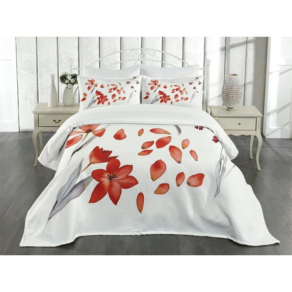 Ambesonne Floral Quilted Bedspread Set 3 Pcs, Autumn Flowers Petals, Queen Size, Red Purplegrey