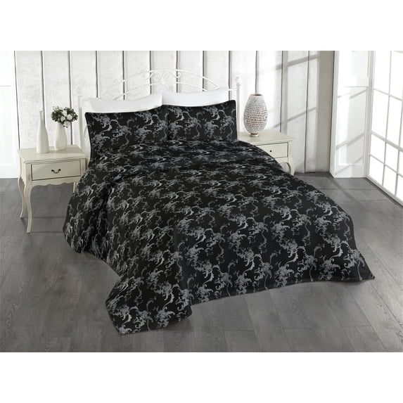 Ambesonne Floral Quilted Bedspread Set 3 Pcs, Baroque Flowers Goth Rococo, Queen, Grey Black and Charcoal Grey