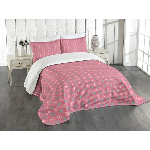 Ambesonne Floral Quilted Bedspread Set 3 Pcs, Big Small Flower Motifs, King Size, Pink Teal White