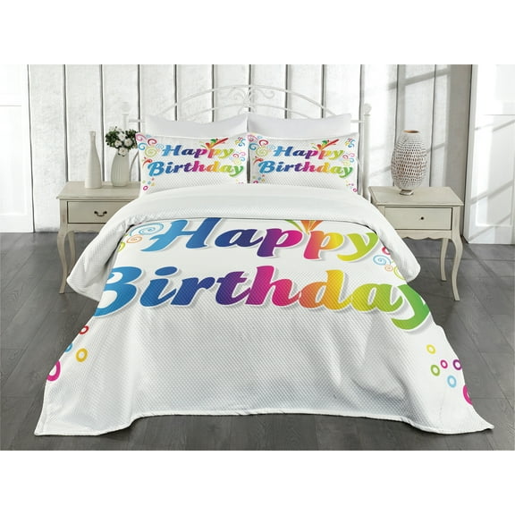 Ambesonne Floral Quilted Bedspread Set 3 Pcs, Birthday Message, Queen Size, Multicolor